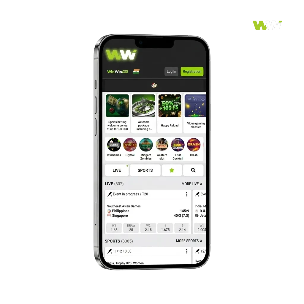WinWin app download screen for Android and iOS, highlighting Bangladesh betting, casino, bonuses, and payment methods