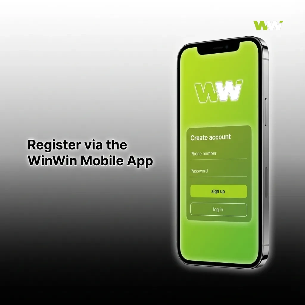 Hand holding phone with WinWin app open, showing registration options and step-by-step sign-up screen in Bangladesh