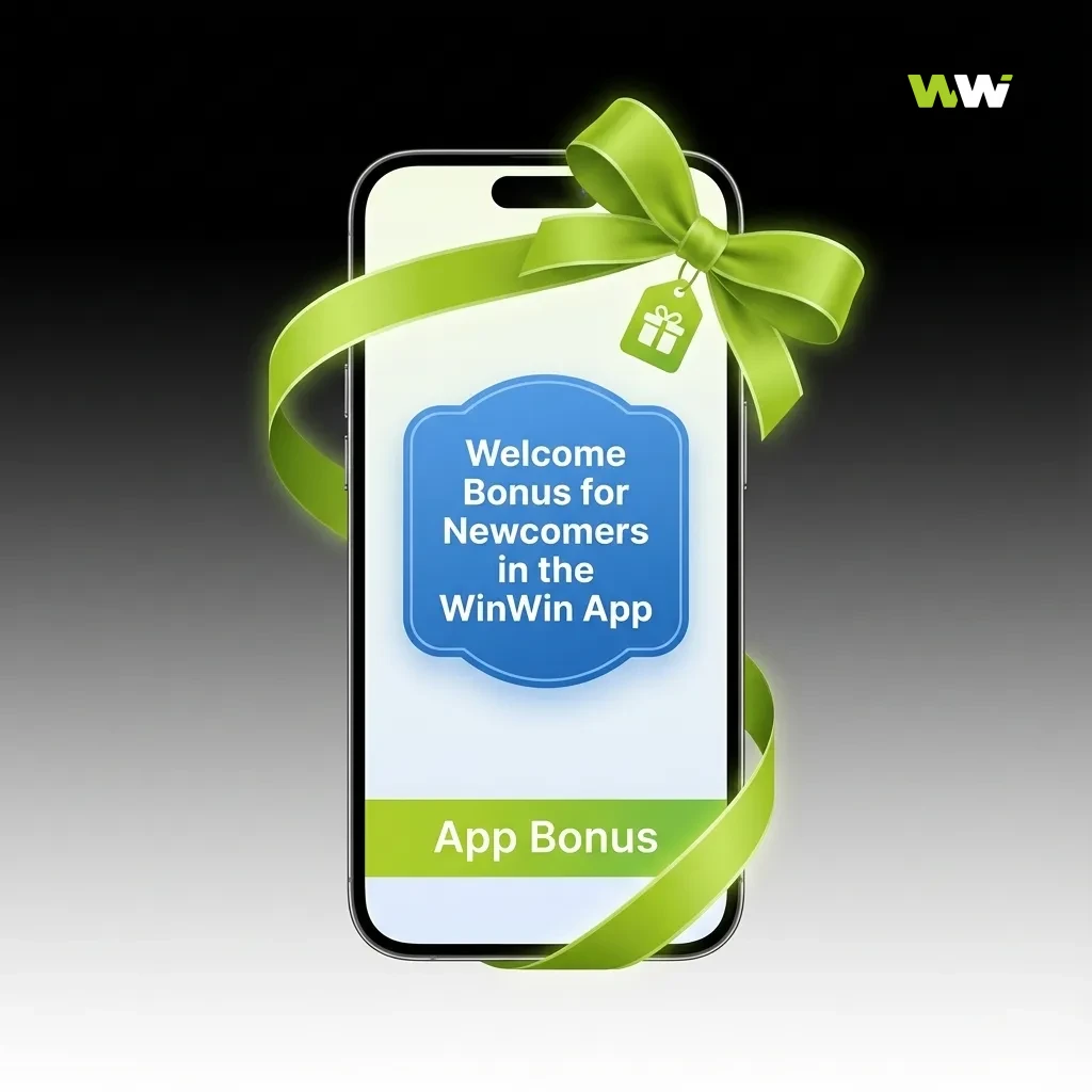 Phone screen showing WinWin app welcome bonus choice between sports bet offer and casino slots spins for new users.