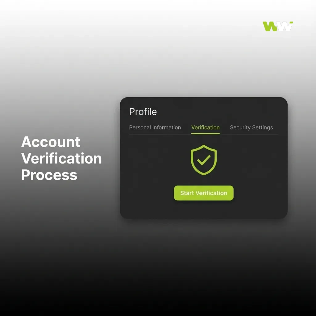 Illustrated step-by-step account verification checklist with profile, ID, address, payment, and approval icons