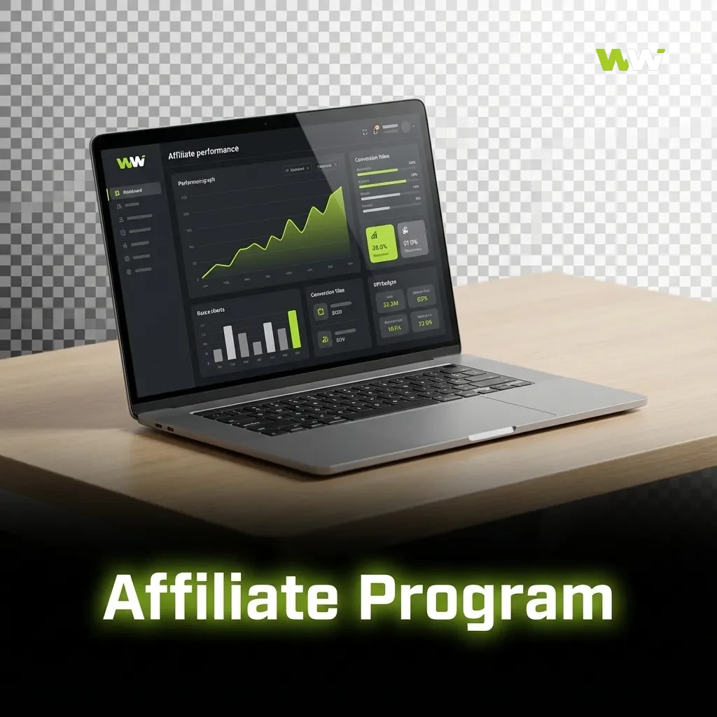 Illustration of WinWin affiliate program showing commission tiers, tracking links, and earnings growth for referred players.