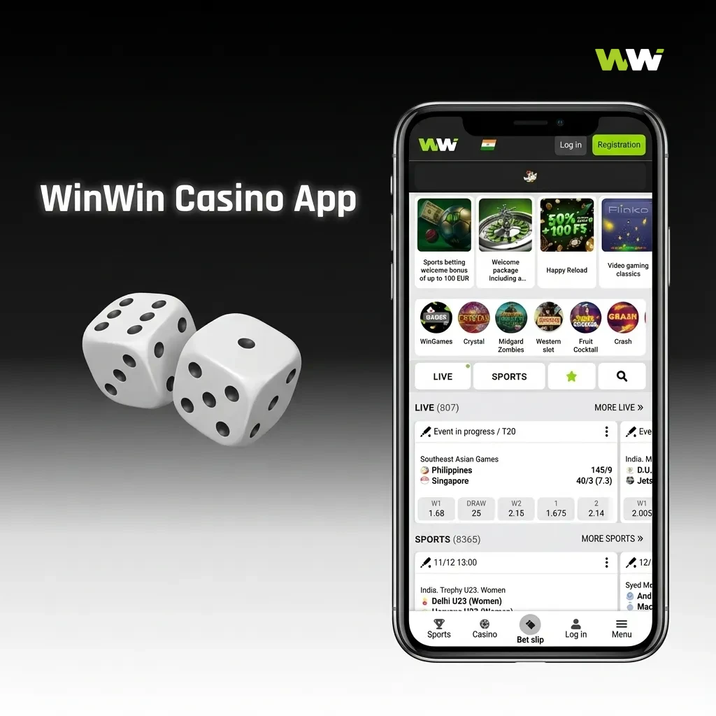 WinWin Casino app interface showing slots, table games, live dealers, and popular titles like Book of Dead and Sweet Bonanza