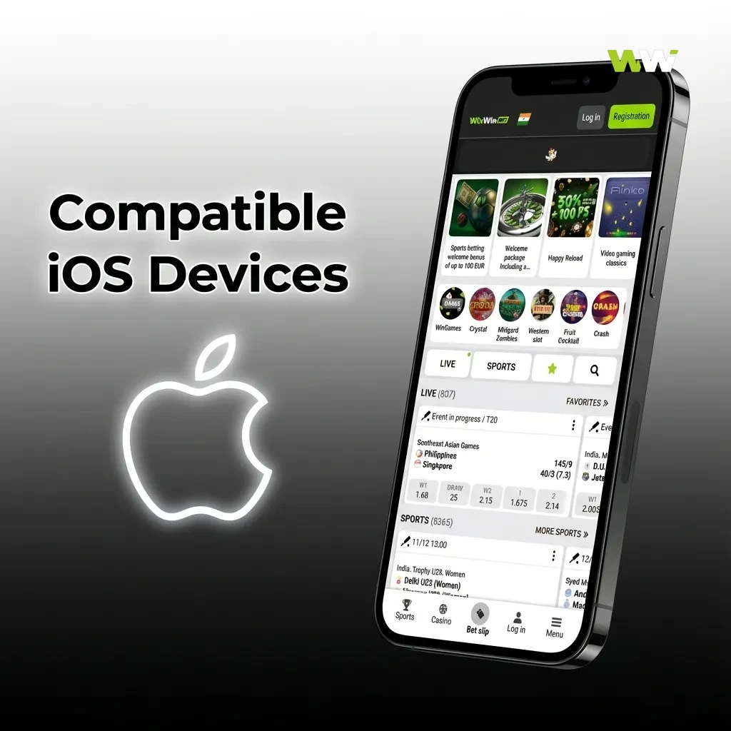 Illustration of recent iPhones and iPads with the WinWin app, labeled as compatible iOS devices.