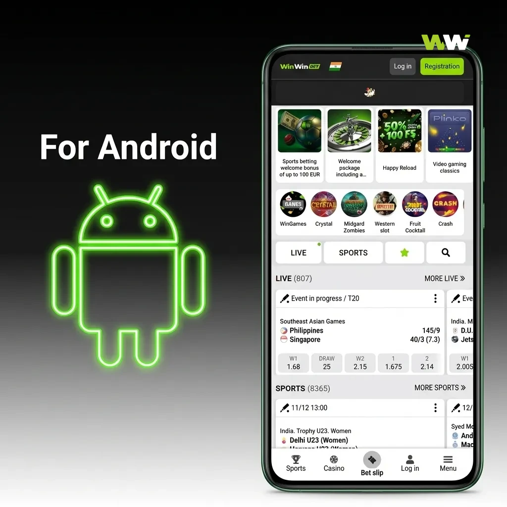 Illustration of WinWin Android app on modern Bangladeshi smartphones with download and installation steps displayed