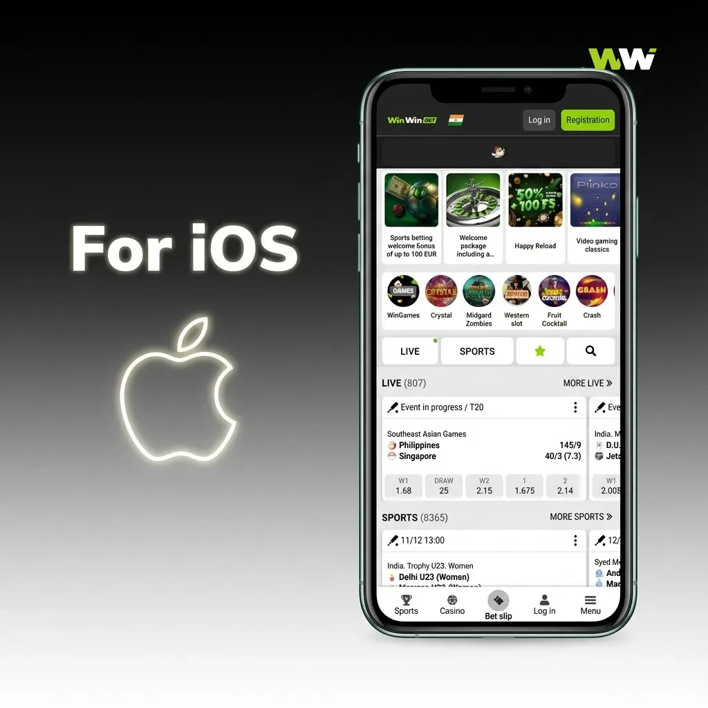 Hand holding iPhone showing WinWin casino app download screen on the App Store with install button highlighted.