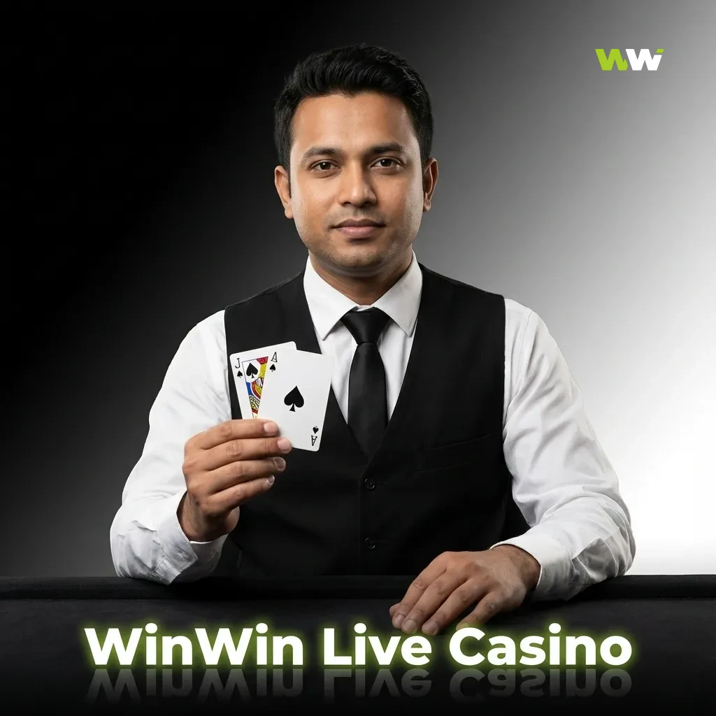 Dealer at WinWin Live Casino table, roulette wheel and cards visible, streaming interface on phone and laptop screens